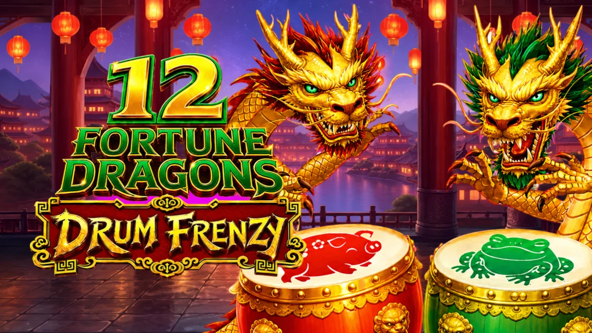 The promotional header for 12 Fortune Dragons Drum Frenzy™, an online slot game on Betty.ca.