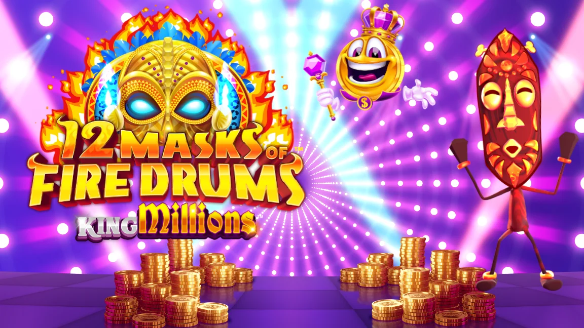 The promotional header for 12 Masks of Fire Drums King Millions™, an online slot game on Betty.ca.