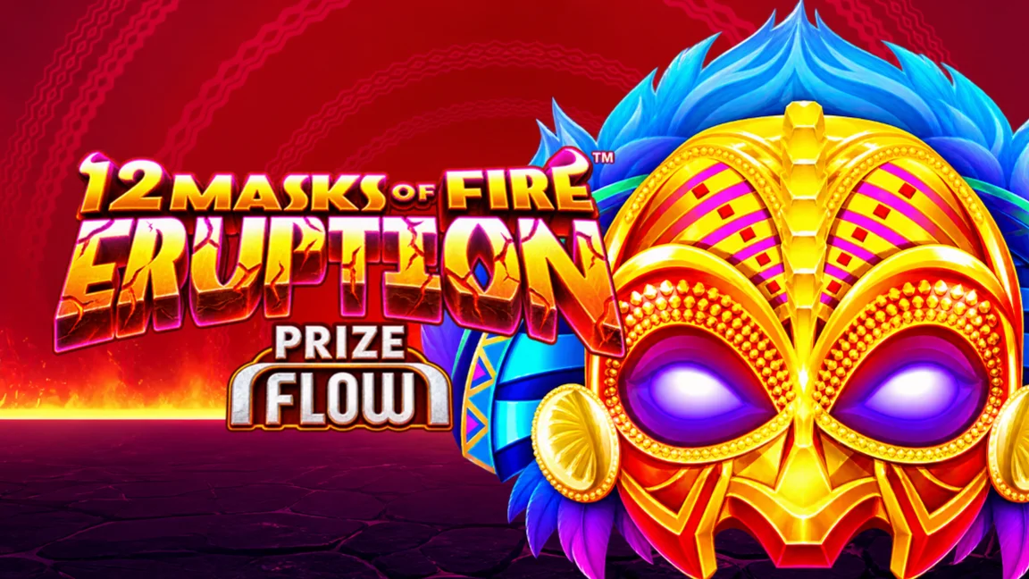 The promotional header for 12 Masks of Fire Eruption Prize Flow™, an online slot game on Betty.ca.