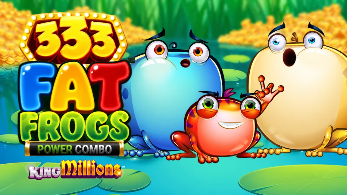 The promotional header for 333 Fat Frogs POWER COMBO King Millions™, an online slot game on Betty.ca.