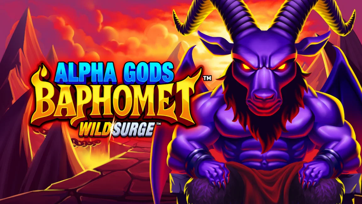 The promotional header for Alpha Gods Baphomet WildSurge™, an online slot game on Betty.ca.