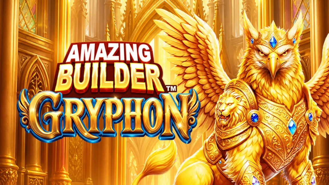 The promotional header for Amazing Builder™ Gryphon, an online slot game on Betty.ca.