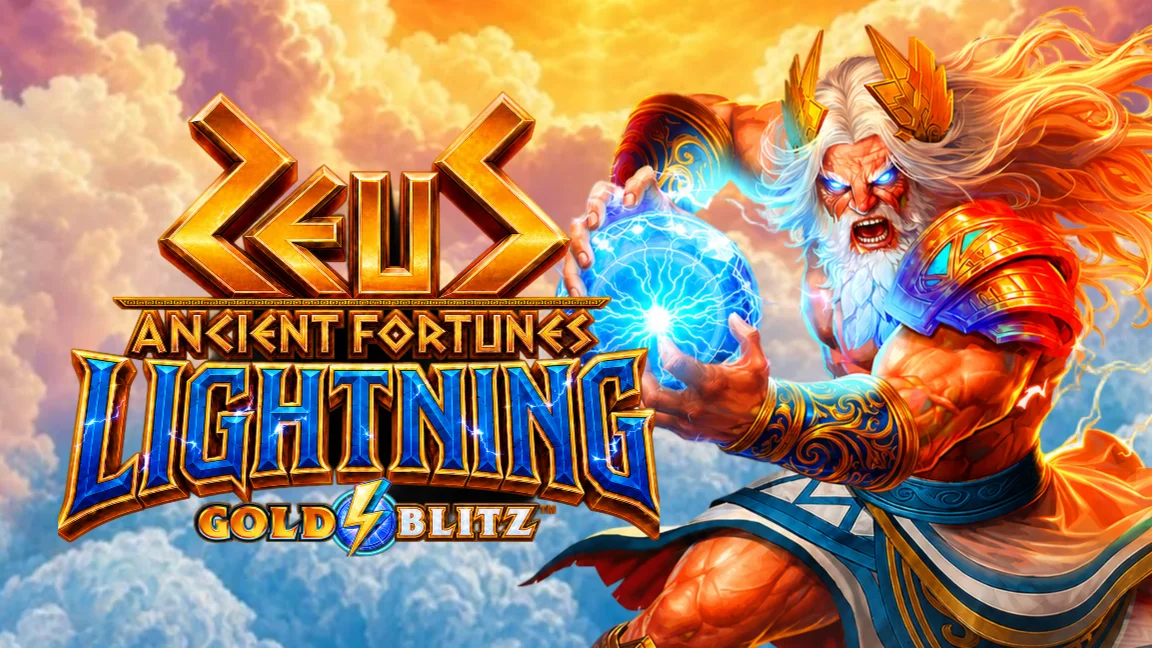 The promotional header for Ancient Fortunes Zeus Gold Blitz Lightning™, an online slot game on Betty.ca.