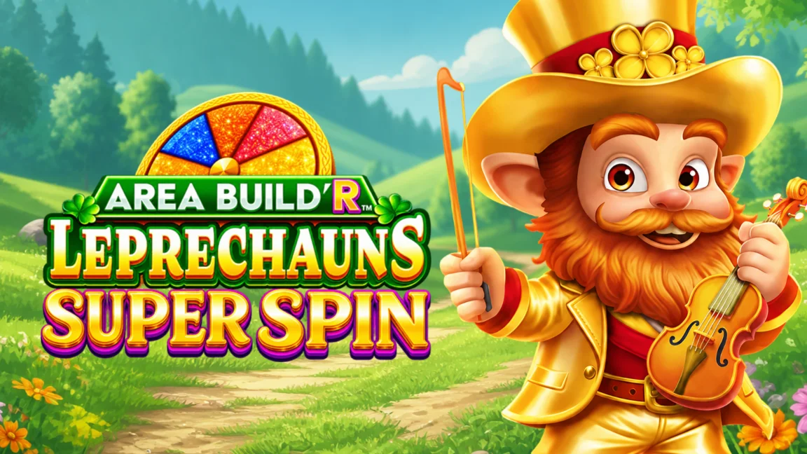 The promotional header for Area Build'R™ Leprechauns Super Spin, an online slot game on Betty.ca.