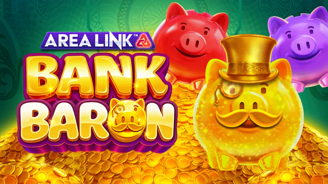The promotional header for Area Link™ Bank Baron, an online slot game on Betty.ca.