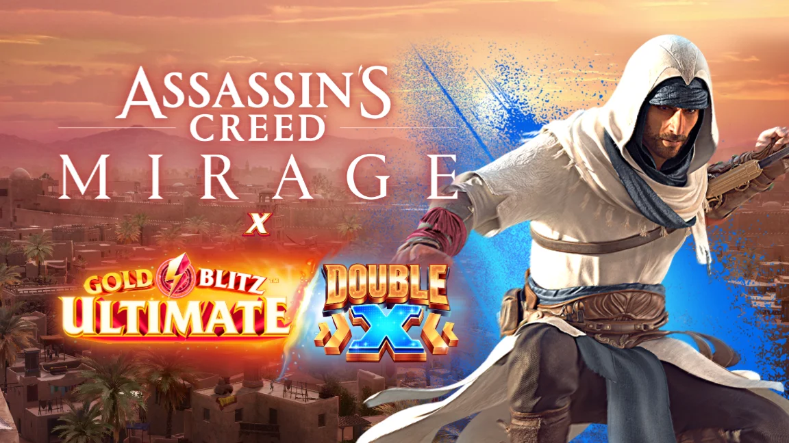 The promotional header for Assassin’s Creed Mirage x Gold Blitz Ultimate DOUBLE X™, an online slot game on Betty.ca.