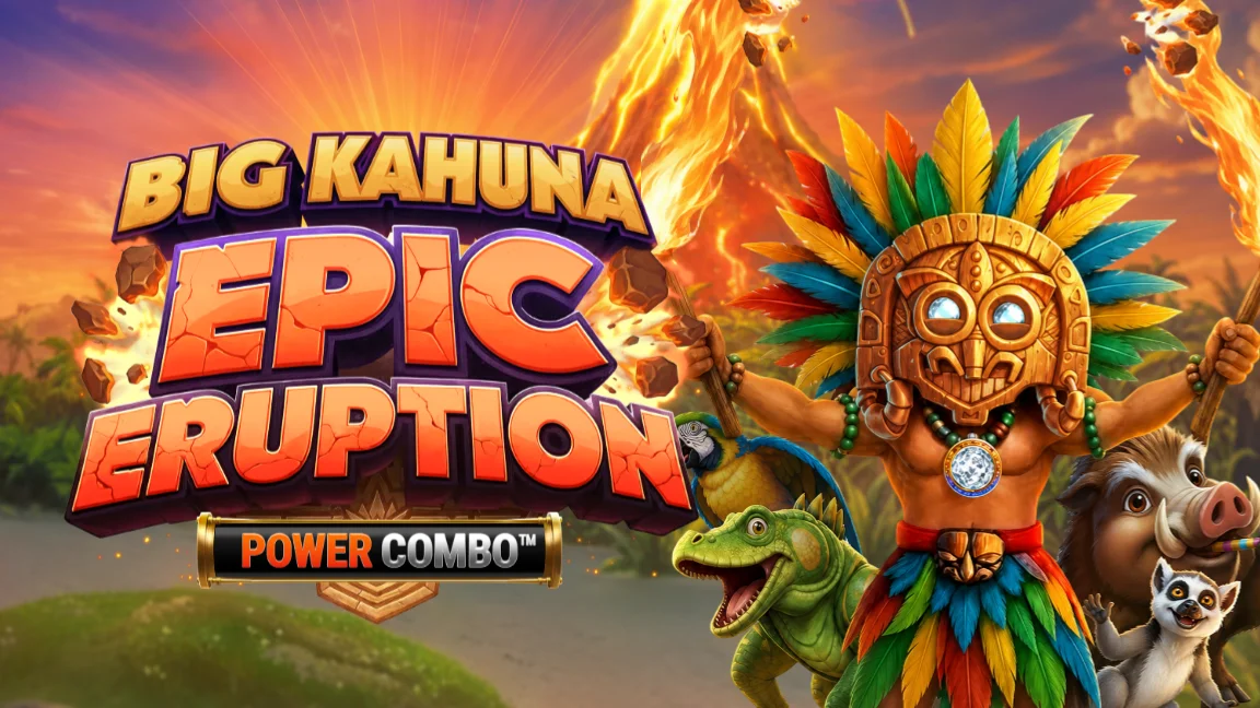 The promotional header for Big Kahuna Epic Eruption Power Combo™, an online slot game on Betty.ca.