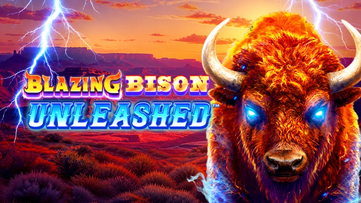 The promotional header for Blazing Bison UNLEASHED™, an online slot game on Betty.ca.