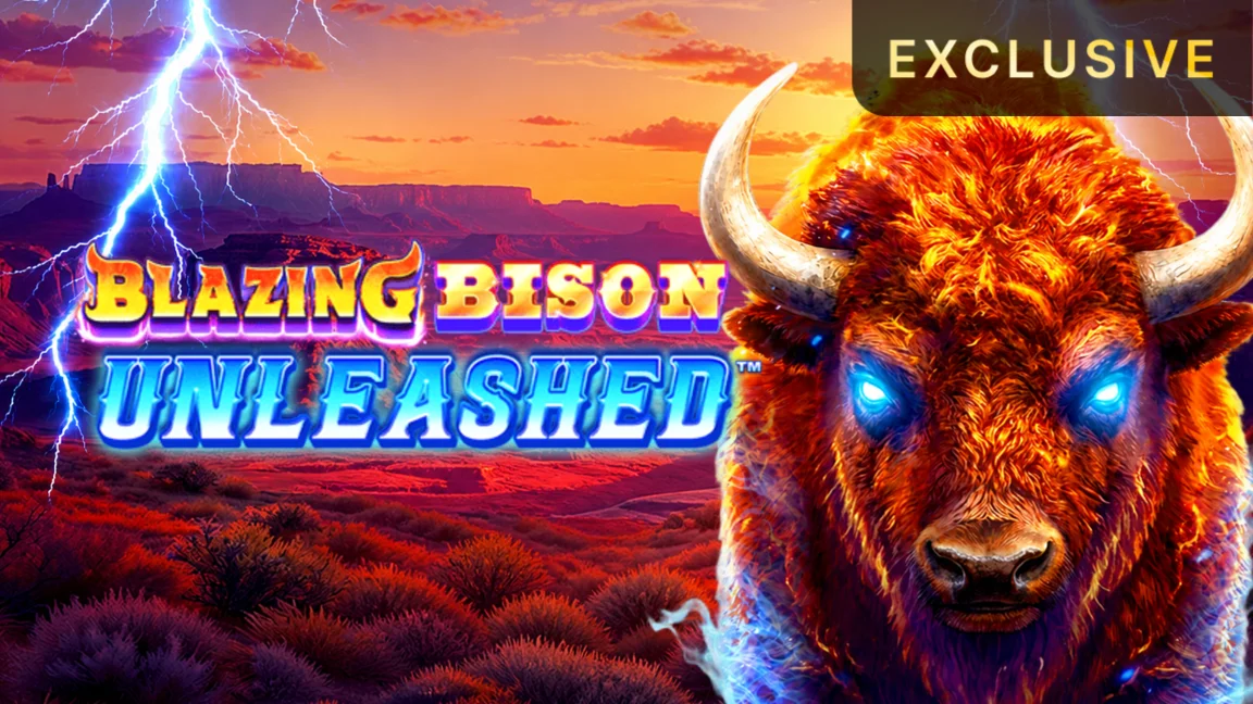 The promotional header for Blazing Bison UNLEASHED™, an online slot game on Betty.ca.