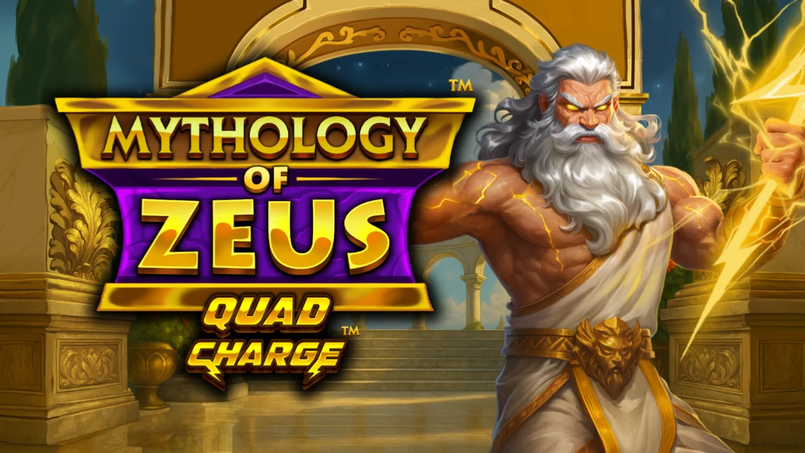 The promotional header for Mythology of Zeus™ QUADCHARGE™, an online slot game on Betty.ca.