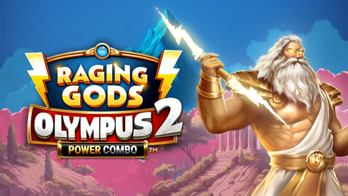 The promotional header for Raging Gods: Olympus 2 POWER COMBO™, an online slot game on Betty.ca.