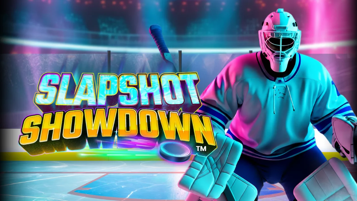 The promotional header for Slapshot Showdown™, an online slot game on Betty.ca.