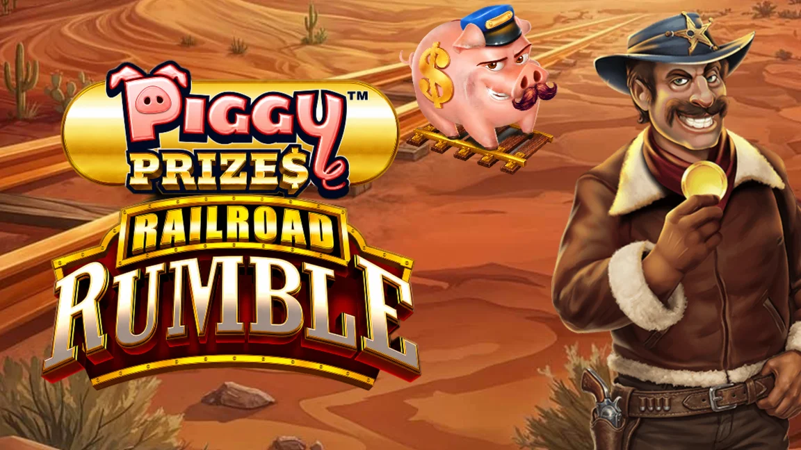 The promotional header for Piggy Prizes™ Railroad Rumble™, an online slot game on Betty.ca.