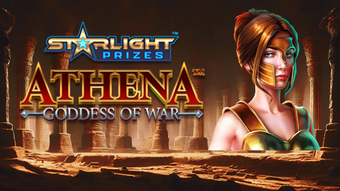 The promotional header for Starlight Jackpots™ -  Athena Goddess of War Linked, an online slot game on Betty.ca.
