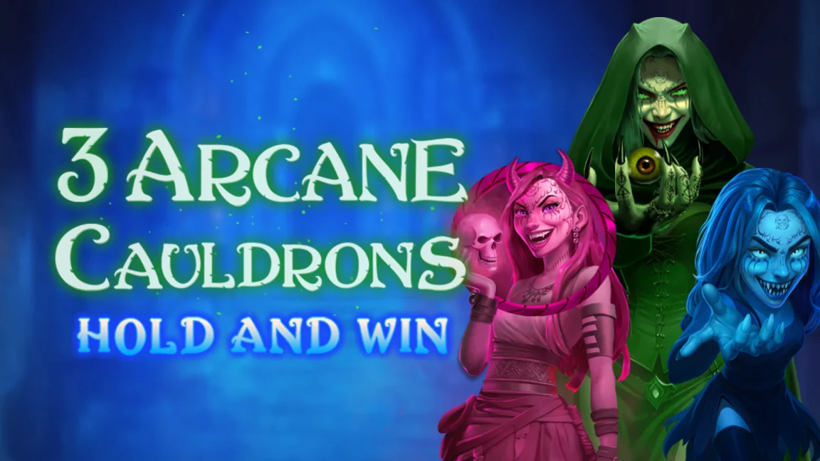 The promotional header for 3 Arcane Cauldrons, an online slot game on Betty.ca.
