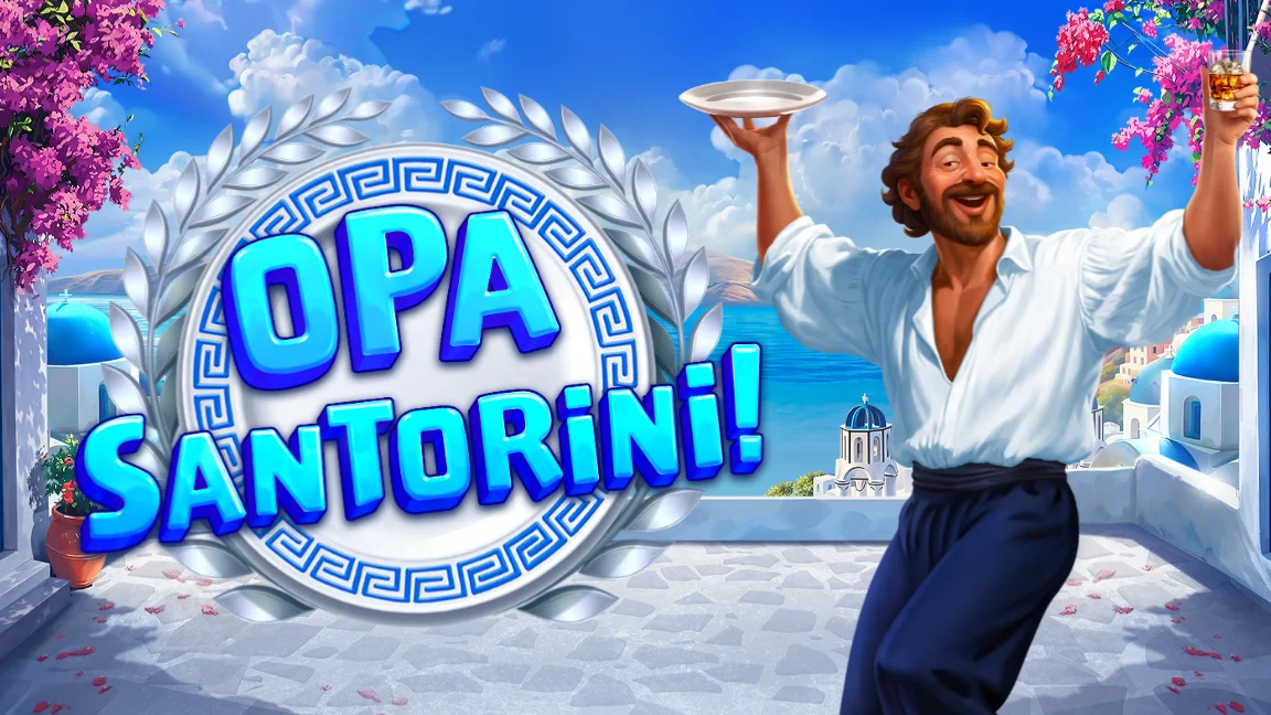 The promotional header for Opa Santorini!, an online slot game on Betty.ca.
