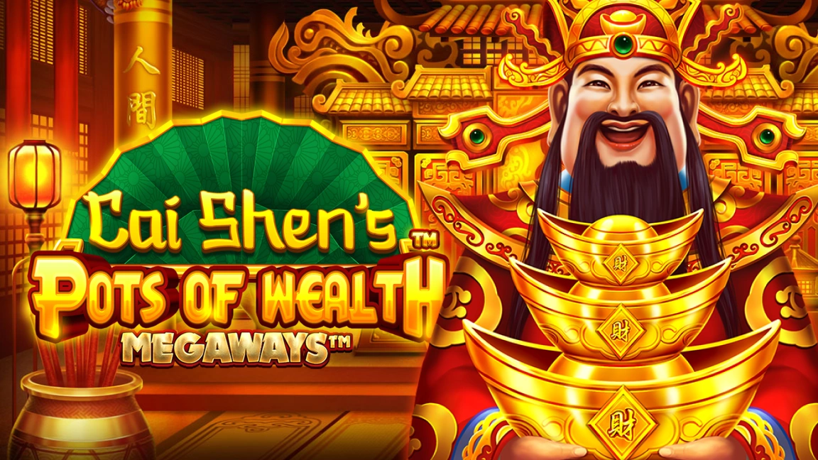 The promotional header for Cai Shen's Pots of Wealth Megaways, an online slot game on Betty.ca.
