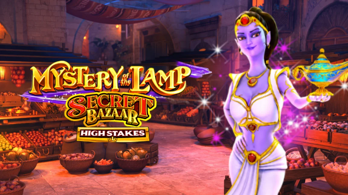 The promotional header for Mystery of the Lamp Secret Bazaar High Stakes, an online slot game on Betty.ca.