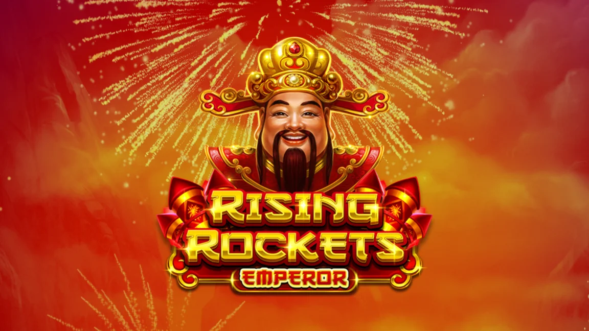 The promotional header for Rising Rockets Emperor, an online slot game on Betty.ca.