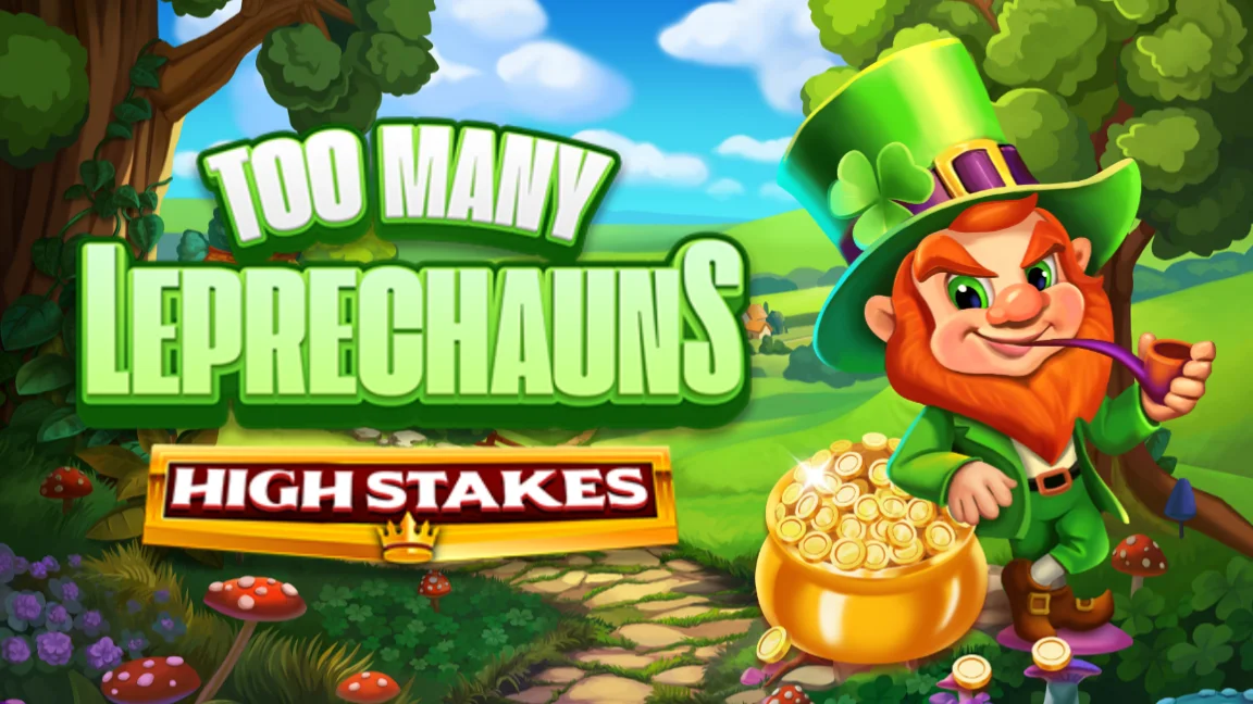 The promotional header for Too Many Leprechauns High Stakes, an online slot game on Betty.ca.