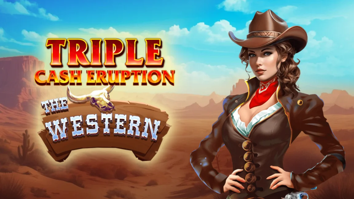 The promotional header for Triple Cash Eruption The Western (Bonus Buy), an online slot game on Betty.ca.