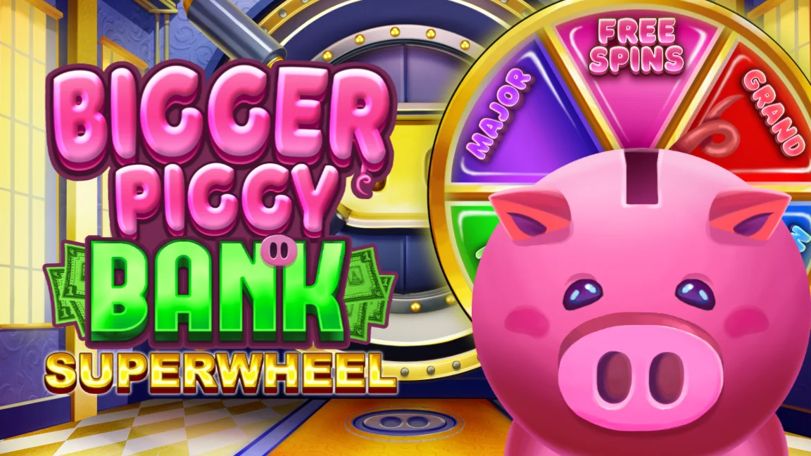 The promotional header for Bigger Piggy Bank Superwheel, an online slot game on Betty.ca.