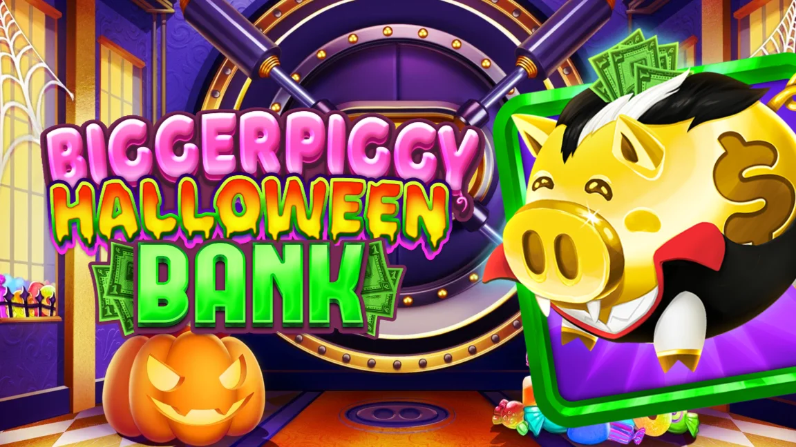 The promotional header for Bigger Piggy Halloween Bank, an online slot game on Betty.ca.
