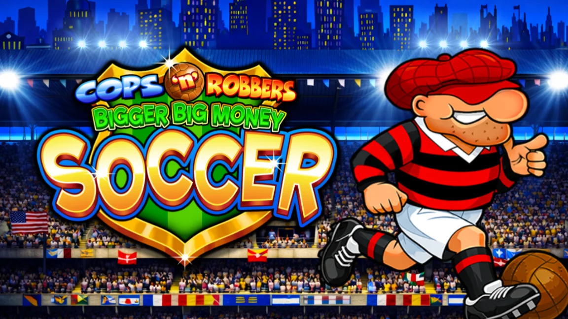 The promotional header for Cops n Robbers Bigger Big Money Soccer, an online slot game on Betty.ca.