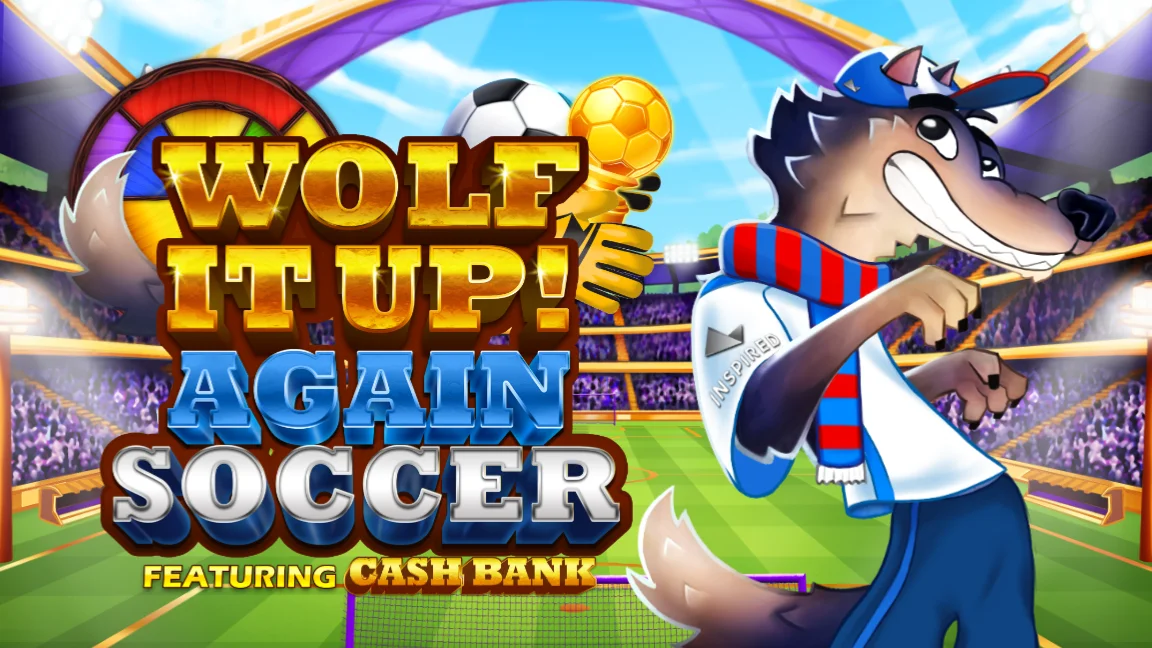 The promotional header for Wolf It Up Again! Soccer, an online slot game on Betty.ca.