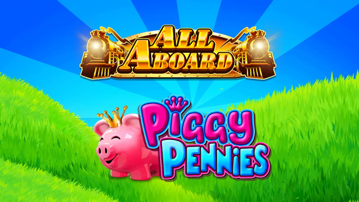 The promotional header for All Aboard Piggy Pennies, an online slot game on Betty.ca.
