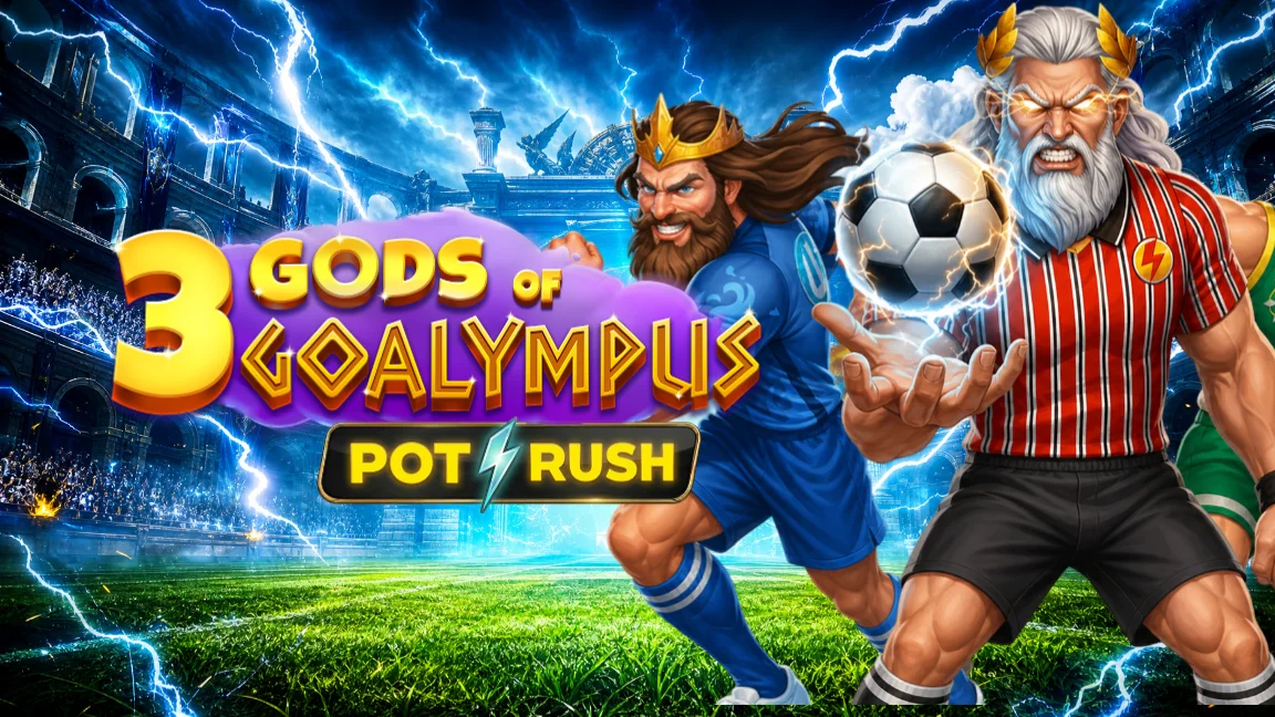 The promotional header for 3 Gods of Goalympus, an online slot game on Betty.ca.
