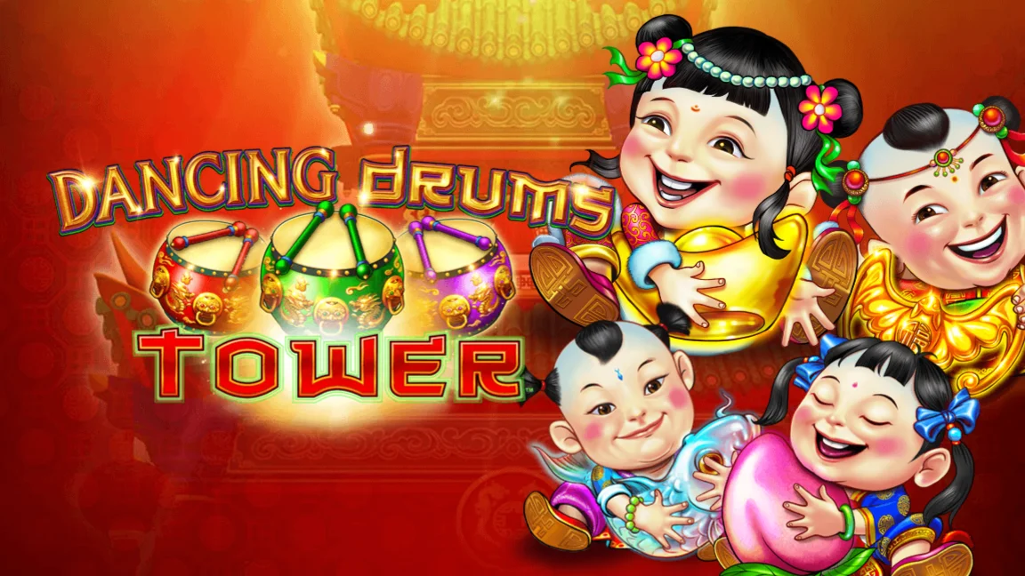 The promotional header for Dancing Drums Tower, an online slot game on Betty.ca.