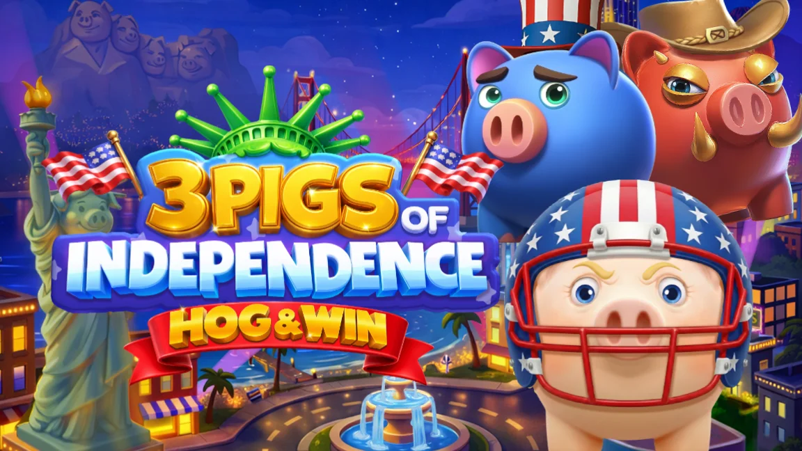The promotional header for 3 Pigs of Independence Hog & Win, an online slot game on Betty.ca.