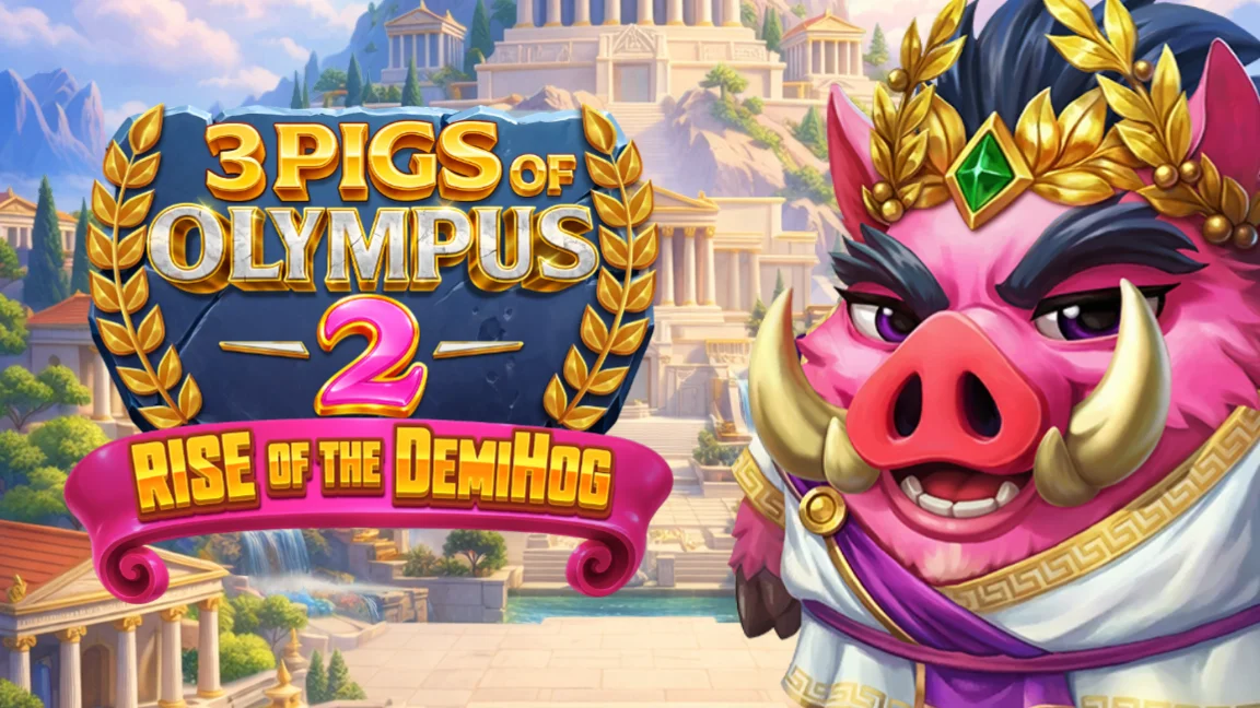 The promotional header for 3 Pigs of Olympus 2 Rise of the Demihog, an online slot game on Betty.ca.