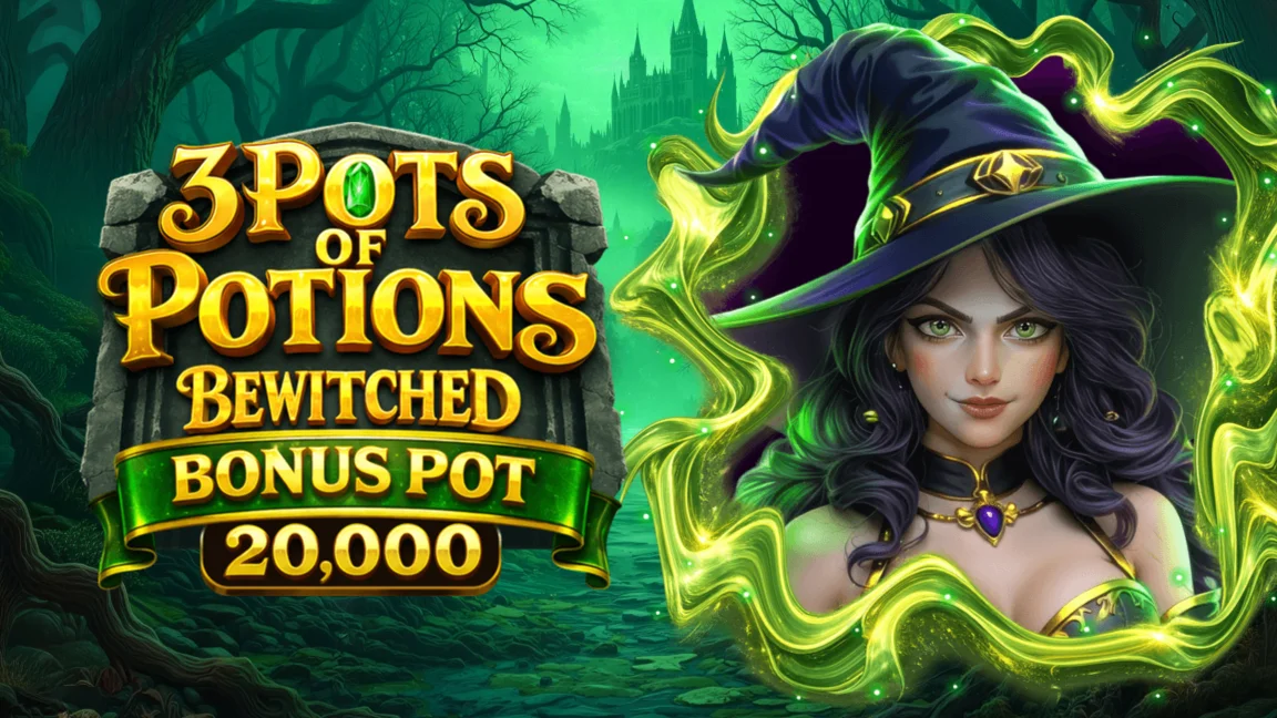 The promotional header for 3 Pots of Potions Bewitched Bonus Pot 20,000, an online slot game on Betty.ca.