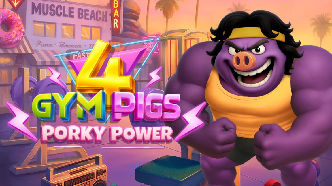 The promotional header for 4 Gym Pigs - Porky Power, an online slot game on Betty.ca.
