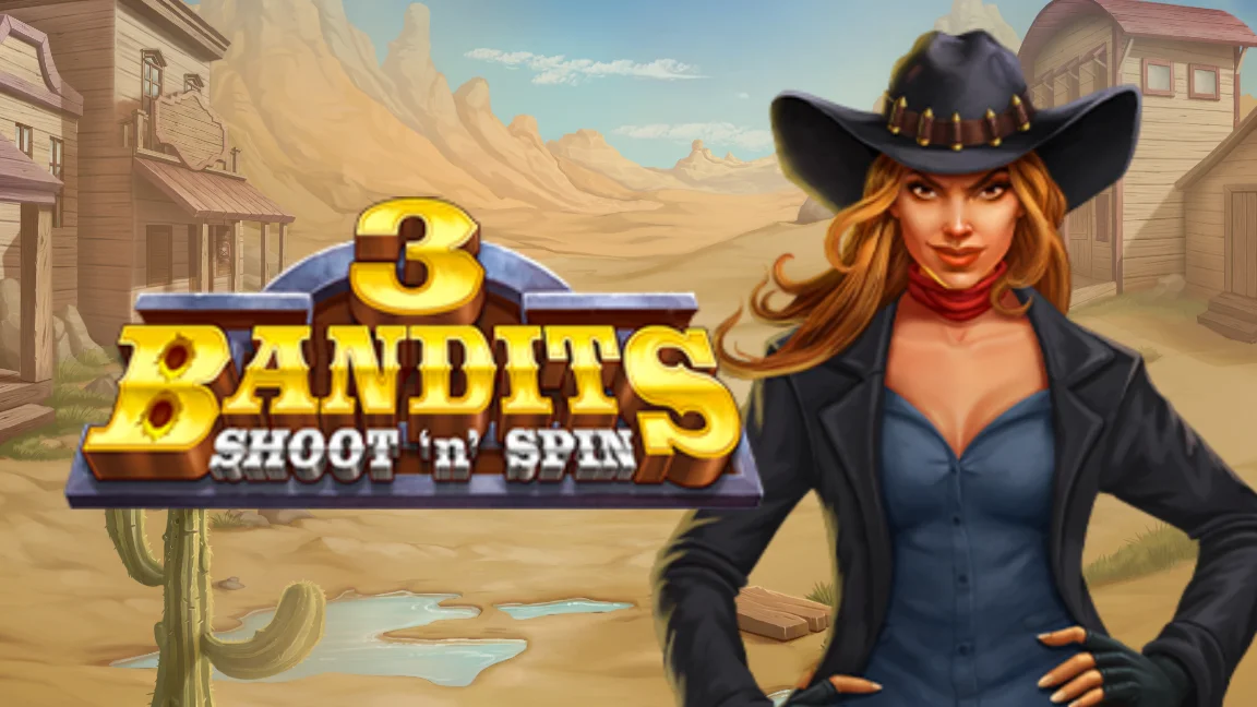 The promotional header for Three Bandits: Shoot ’n’ Spin Buy Bonus, an online slot game on Betty.ca.