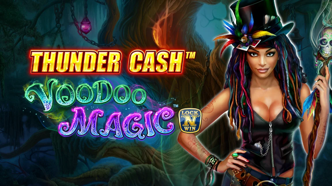 The promotional header for Thunder Cash™ - Voodoo Magic™, an online slot game on Betty.ca.