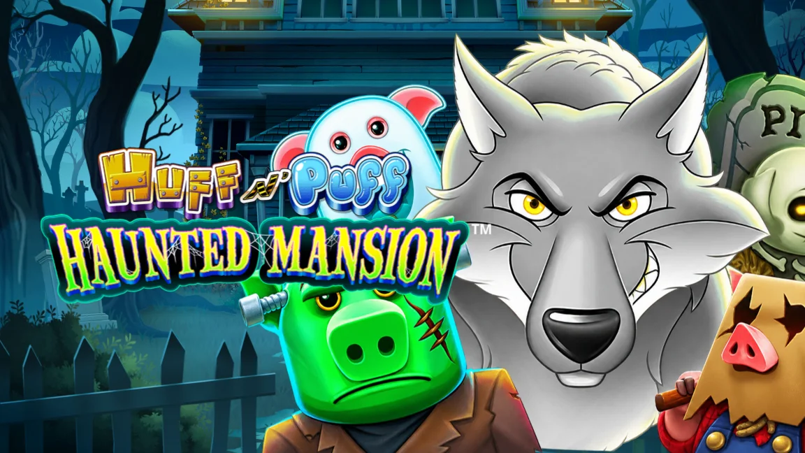 The promotional header for Huff N Puff Haunted Mansion, an online slot game on Betty.ca.