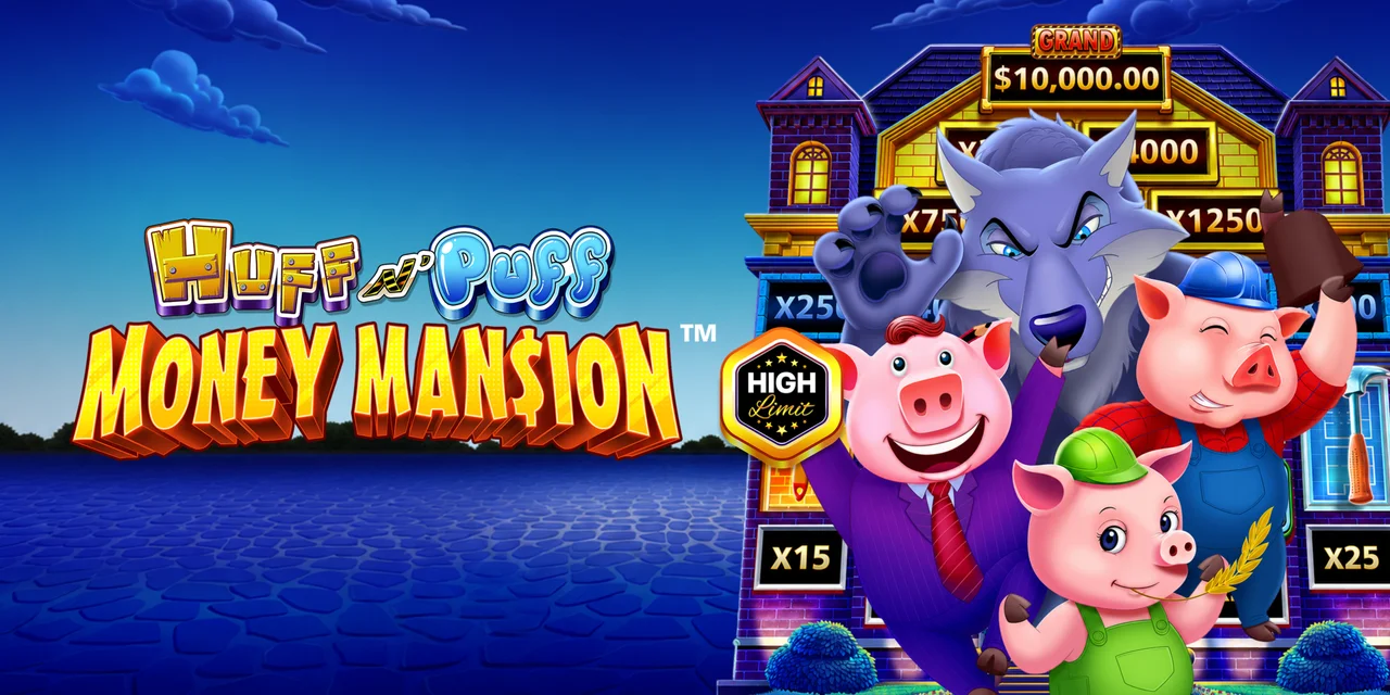 The promotional header for Huff n Puff Money Mansion High Limit, an online slot game on Betty.ca.