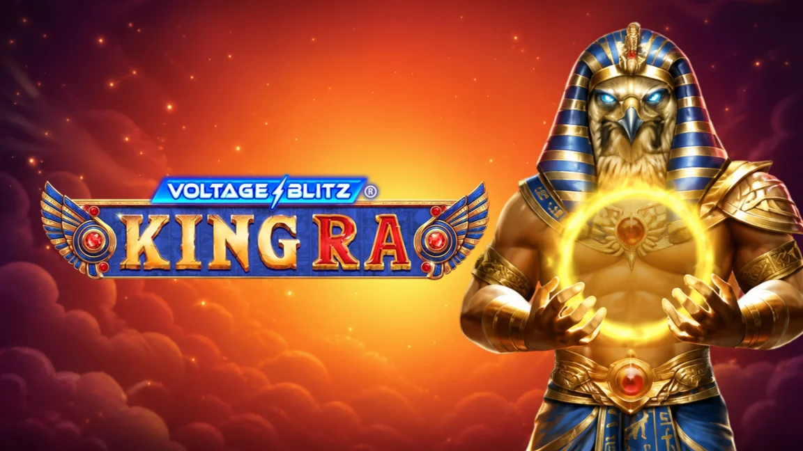 The promotional header for Voltage Blitz King Ra, an online slot game on Betty.ca.
