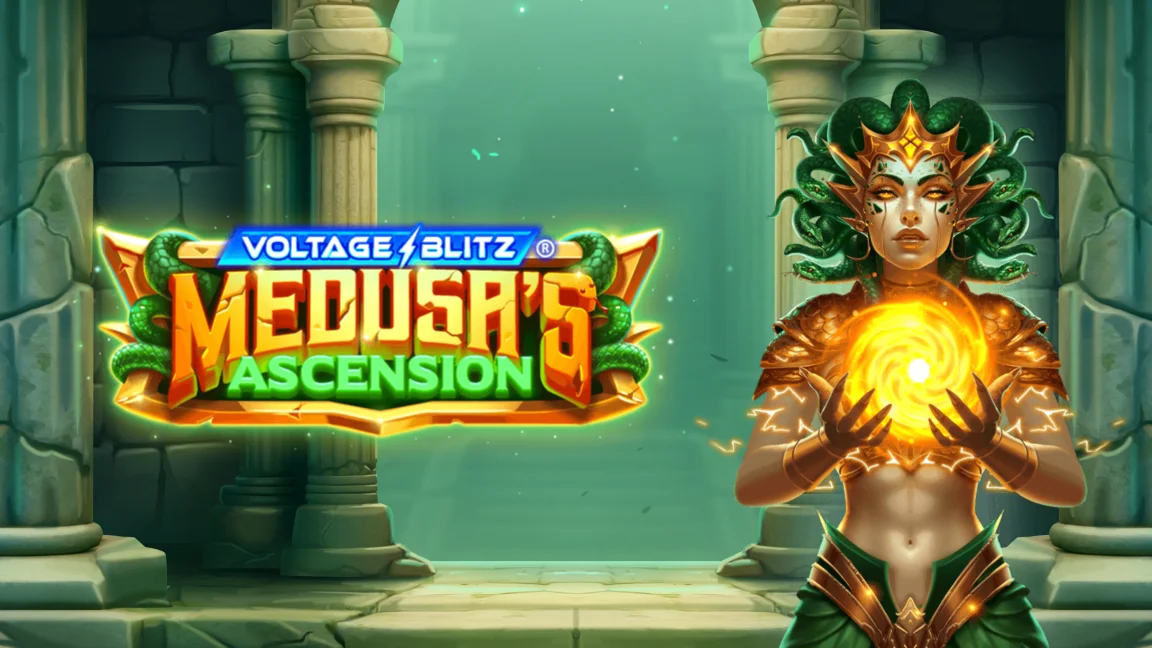 The promotional header for Voltage Blitz Medusas Ascension, an online slot game on Betty.ca.