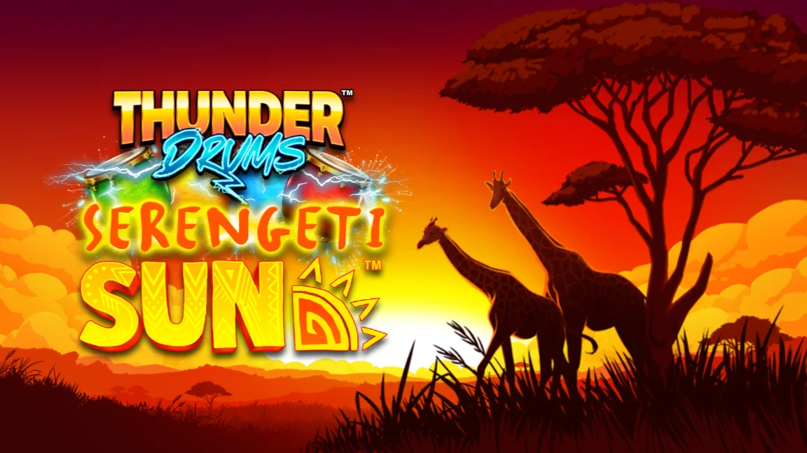 The promotional header for Thunder Drums Serengeti Sun, an online slot game on Betty.ca.