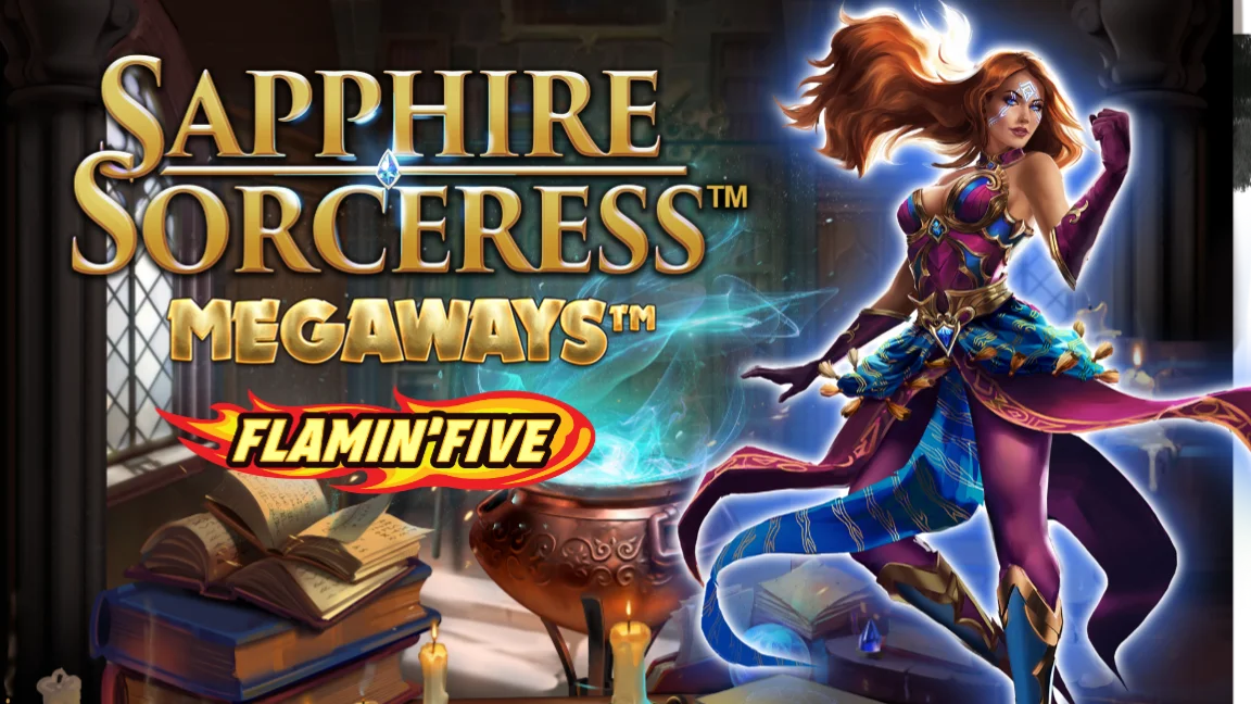 The promotional header for Sapphire Sorceress Megaways™ Flamin' Five, an online slot game on Betty.ca.