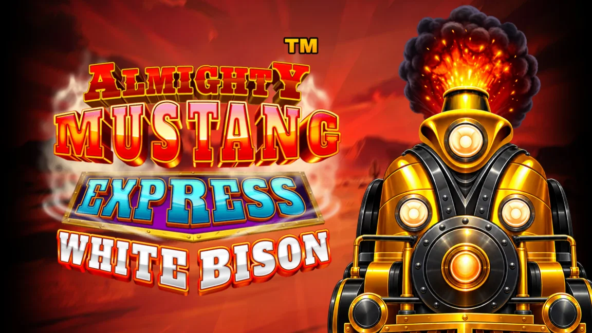 The promotional header for Almighty Mustang Express White Bison, an online slot game on Betty.ca.
