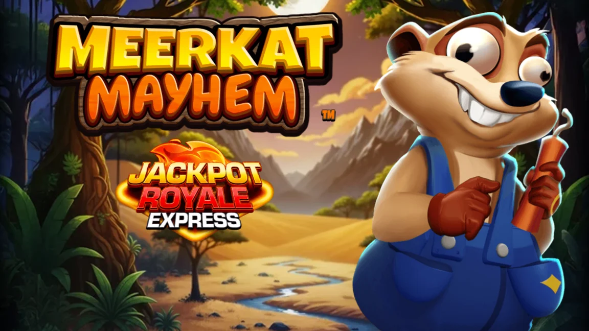 The promotional header for Meerkat Mayhem Jackpot Royale Express, an online slot game on Betty.ca.
