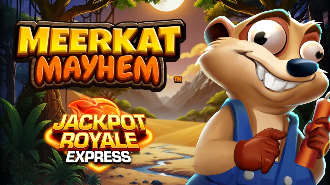 The promotional header for Meerkat Mayhem Jackpot Royale Express, an online slot game on Betty.ca.