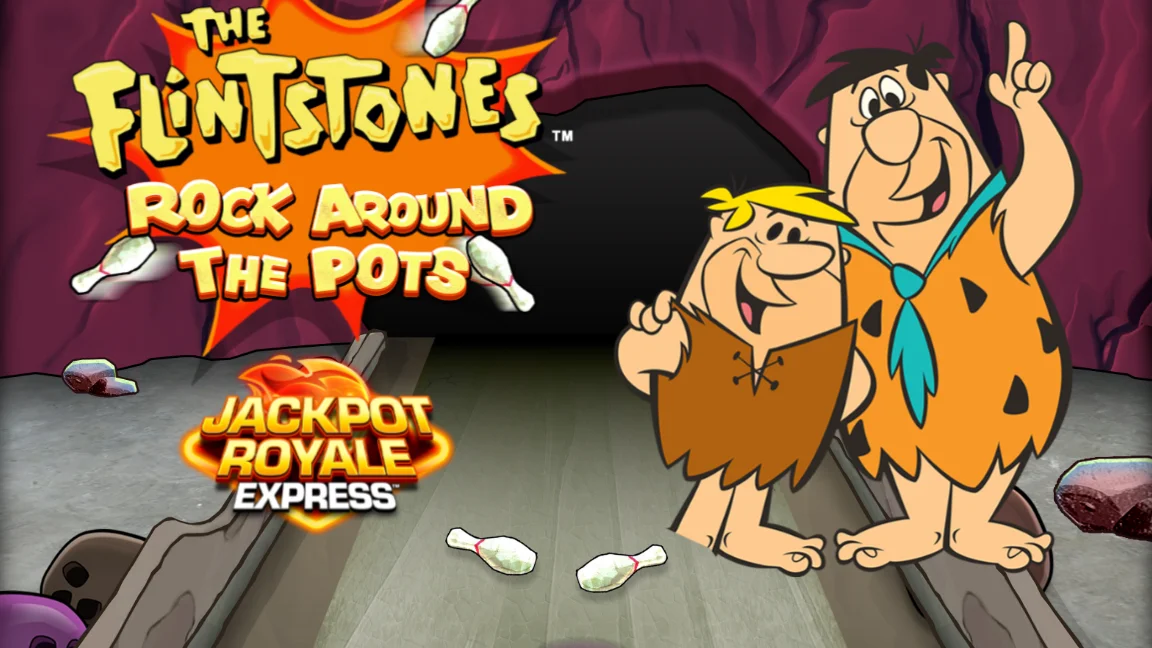 The promotional header for The Flintstones Rock Around the Pots Jackpot Royale Express, an online slot game on Betty.ca.