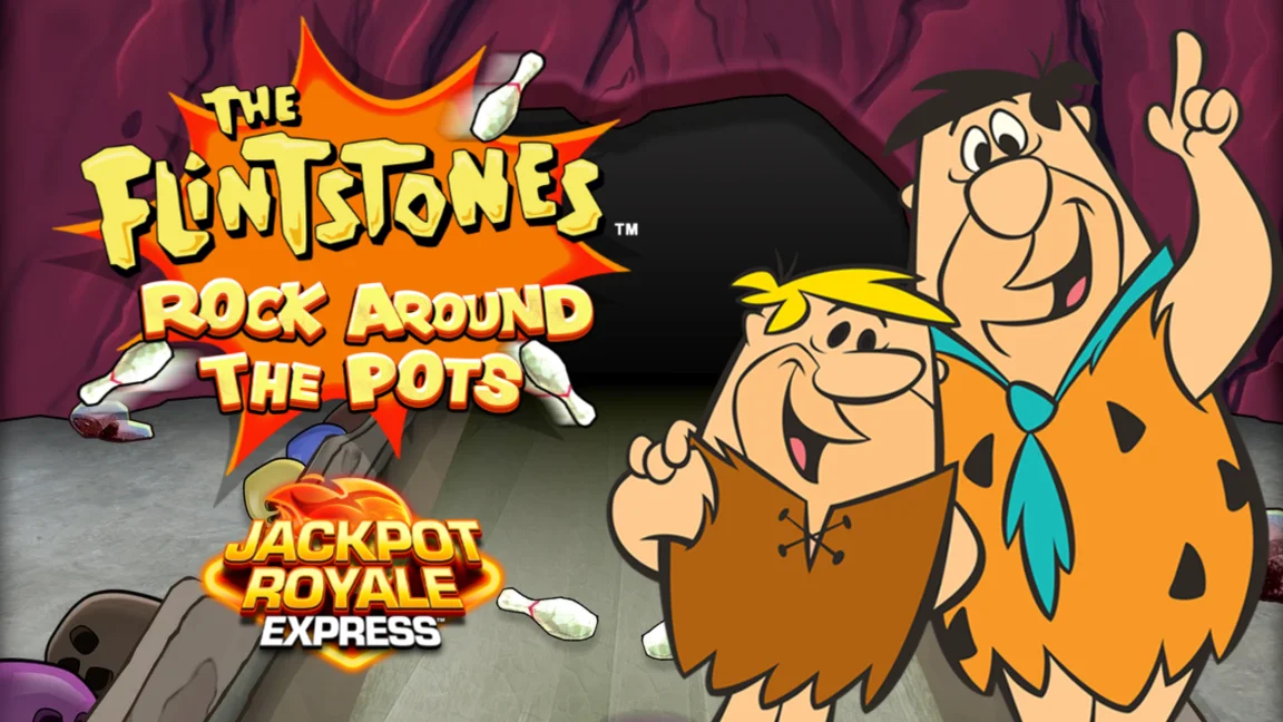 The promotional header for The Flintstones Rock Around the Pots Jackpot Royale Express, an online slot game on Betty.ca.