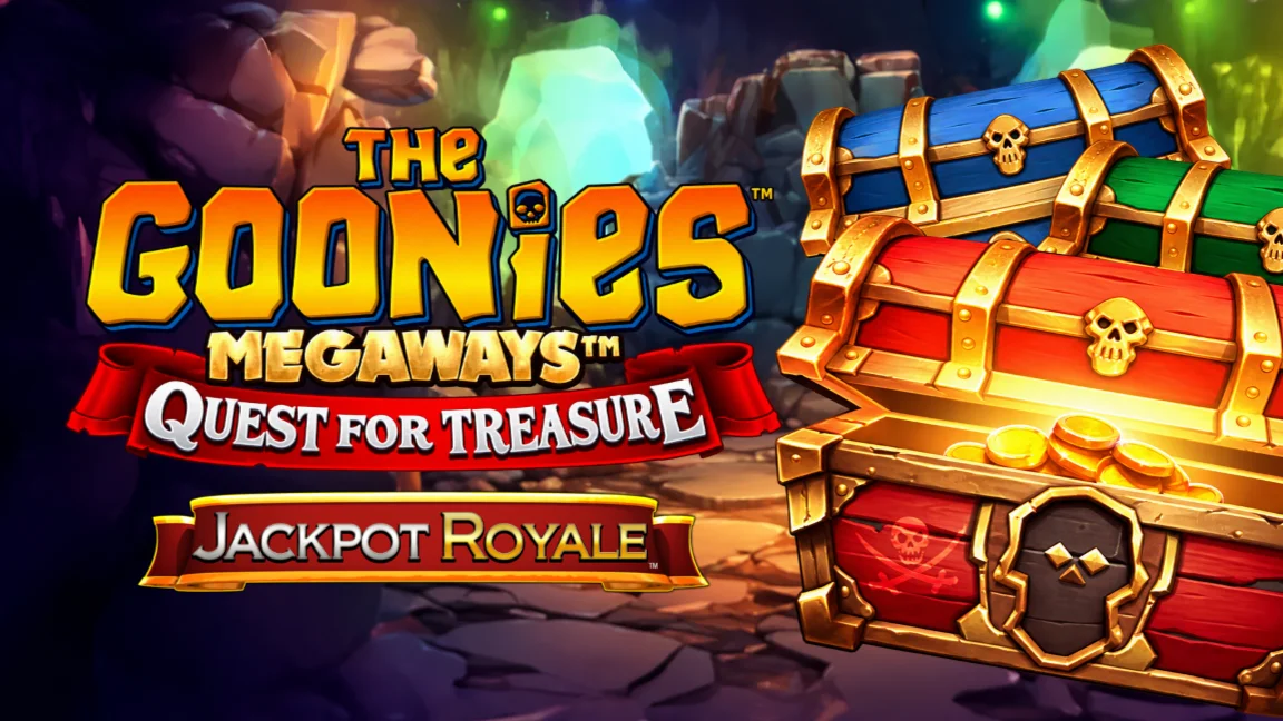 The promotional header for The Goonies Megaways Quest for Treasure Jackpot Royale, an online slot game on Betty.ca.